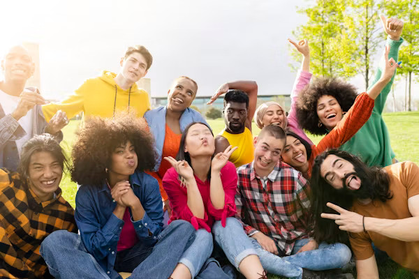 Groupe de jeunes assis dans un parc prenant une photo en delirant